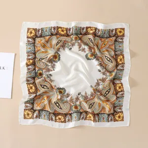 Detailed view of a 70cm vintage paisley print silk square scarf, elegant neckerchief for women.
