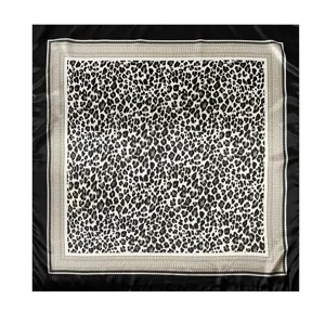 Leopard print square scarf, 90cm women silk feel satin fashion headwrap shawl detail.
