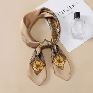 Silk square scarf with classic paisley print, elegant neckerchief for women and girls daily wear.
