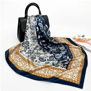 Elégant foulard carré de soie bleu blanc motif cachemire baroque vintage pour femme 90cm.
