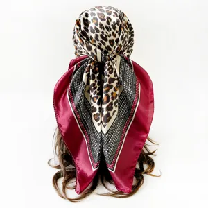 Women 90cm leopard print square scarf silk satin headscarf vintage hair wrap shawl