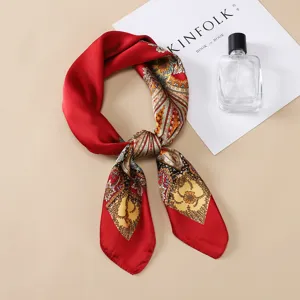 Red paisley print 70cm square silk scarf versatile women neckerchief fashion hair band wrap.