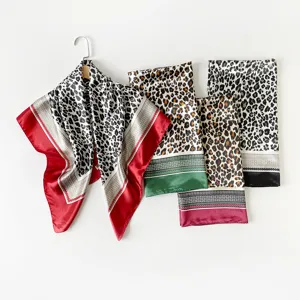 Leopard print silk satin square scarf 90cm women fashion headscarf elegant chic shawl.