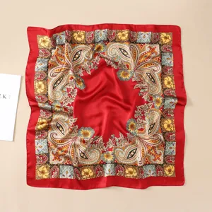 Red paisley print silk square scarf, vintage floral design detail for women neck accessory.