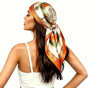 Luxury satin square head scarf with classic chain and strap print, elegant women fashion wrap.