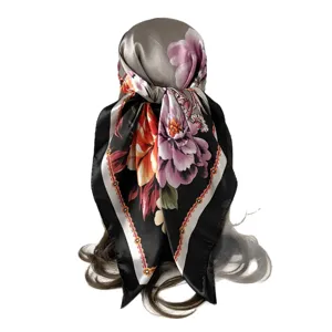 Foulard quadrato in raso stampa floreale vintage 90cm grande sciarpa protezione solare