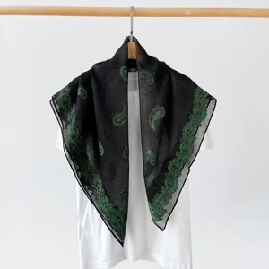 Black and green paisley square scarf detail, elegant 90cm retro headscarf and shawl for women.