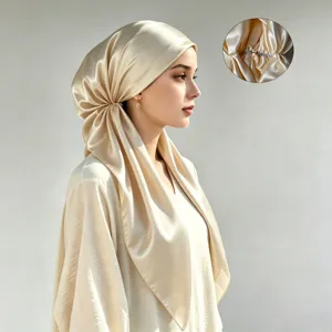 Solid color satin hijab for women, elegant pleated head wrap detail, soft summer sun protection.