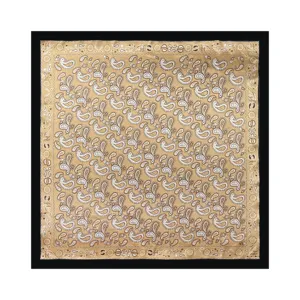 Detailed view of the 90cm satin paisley square scarf, elegant gold fabric with classic print.