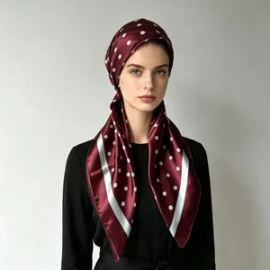 Detailed shot of a burgundy satin polka dot headscarf with light blue border stripes.