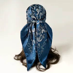 Blue satin paisley square scarf 90cm head wrap hair accessory bohemian style bandana detail view