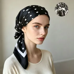 Satin polka dot headscarf cap for women, elegant black head wrap with adjustable elastic drawstring.