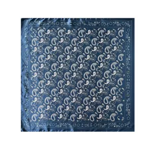 Detailed view of blue satin paisley bandana scarf, elegant 90cm square head wrap for women.