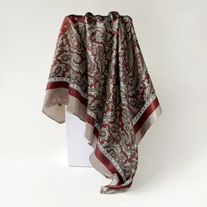 Elegant satin paisley print square scarf, 90cm vintage fashion silk-like headwear wrap.