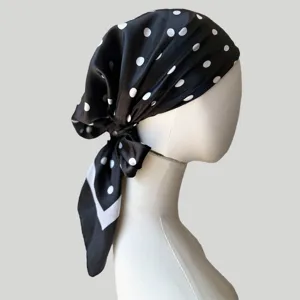 Satin polka dot silk scarf cap detail, elegant black head wrap for women's summer sun protection.