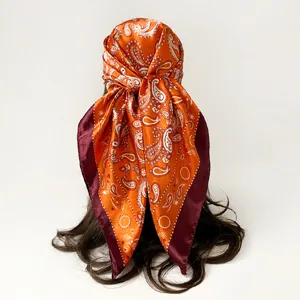 Orange paisley satin square scarf 90cm vintage bandana head wrap chic hair accessory.