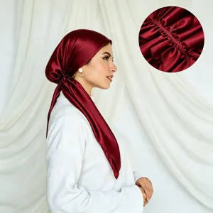 Solid color satin hijab headscarf for women, elegant burgundy hair cover sun protection wrap.