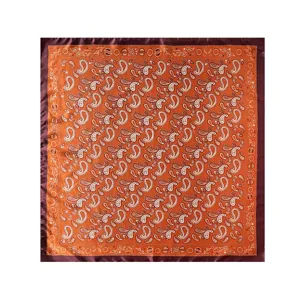 Orange satin paisley pattern square scarf detailed view, classic ornate print elegant wrap.