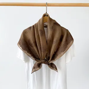 Brown paisley square scarf for women, retro 90cm silk-like headscarf shawl for summer.