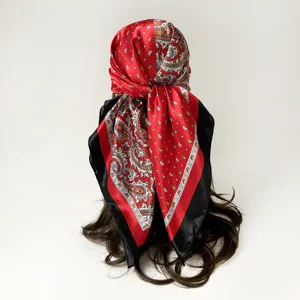 Women's satin square headscarf, red and black paisley printed vintage bandana turban wrap.
