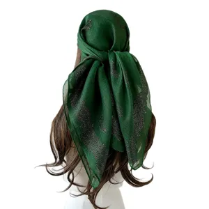 Green 90cm paisley square silk scarf for women, vintage hair scarf and elegant summer shawl.
