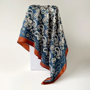 Satin paisley large square scarf 90cm elegant blue and brown fashion head wrap shawl.