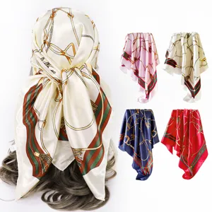 Women Vintage Chain Print Square Scarf Elegant Retro Satin Head Scarf Fashion Neck Scarf For Daily Wear