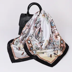 Elegant 90cm satin square scarf featuring vintage paisley and floral print for women.