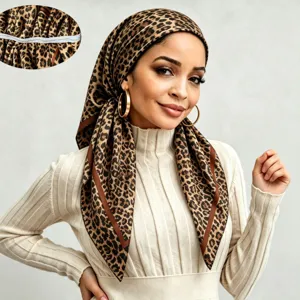Leopard Print Satin Hijab Cap Women Zipper Head Cover Fashion Hair Bonnet Scarf Wrap