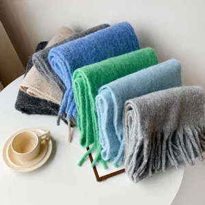 Winter thick solid color mohair tassel scarf women warm wool wrap shawl neckerchief