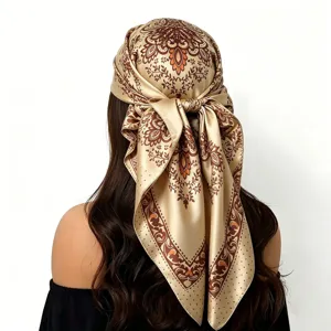 Detailed back view of a vintage floral satin square head scarf, elegant hair accessory.