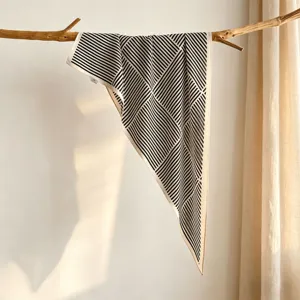 Black and white striped printed triangle silk scarf, elegant summer and autumn sun protection.