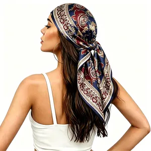 Women paisley satin square headscarf vintage baroque hair wrap 88cm elegant silk scarf