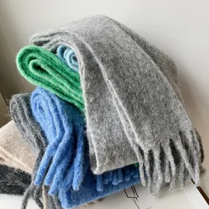 Cozy winter thick mohair scarf with tassels, soft warm solid color winter neck wrap shawl.