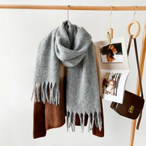 Grey mohair tassel scarf detailed view, soft winter warm knit scarf for women stylish cold weather.