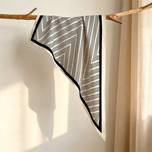 Black and white striped print triangle scarf, lightweight silk feel fashion neck wrap.