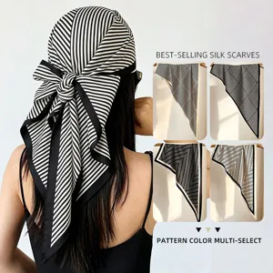 Women Fashion Satin Scarf Geometric Striped Triangle Shawl Lightweight Silk Feel Head Scarf For Daily Commute Outdoor