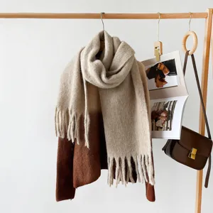 Cozy winter chunky mohair scarf with fringe stylish neutral beige warm neck wrap for women