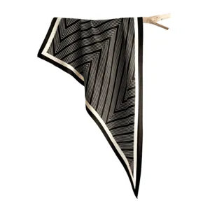 Elegant black and white striped silk scarf, versatile geometric triangle shawl for women.
