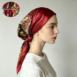 Satin silk headscarf women paisley print hair wrap vintage turban sun protection cap detail
