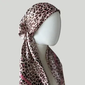 Satin head wrap scarf for women with chic leopard print detail view, trendy hair accessory