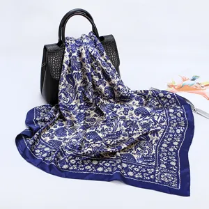 Blue paisley print faux silk square scarf, 88cm women fashion satin headscarf accessory.