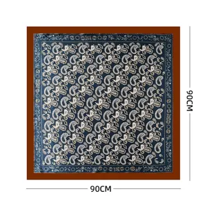 Vintage Paisley Square Silk Scarf 90cm Retro Navy Blue Satin Hair Scarf Women Headband