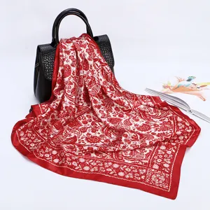 Red paisley floral print silk satin square scarf elegant women hair scarf headwrap