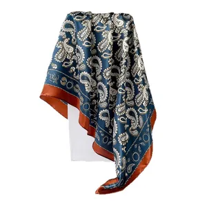 Retro paisley print silk scarf, elegant blue square shawl and stylish head wrap for women.