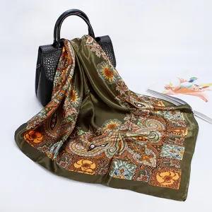 Elegant olive green paisley print square silk scarf for women, classic fashion neckerchief 88cm.