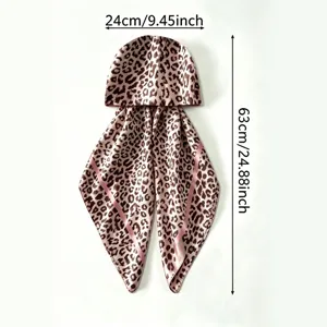 Leopard print satin headscarf bonnet for women, stylish sun protection hair wrap cap.