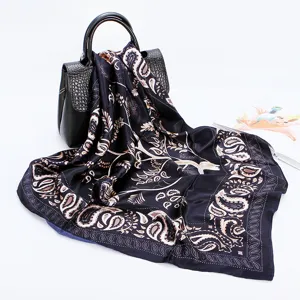 Paisley printed silk feel satin square scarf for women, elegant 88cm fashion neckerchief headwrap.