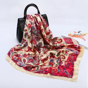 Detailed view of women's 88cm satin square scarf with vintage paisley and floral print.