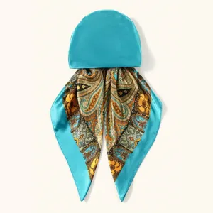 Satin paisley headscarf bonnet, elegant turquoise silk-like hair cover for women style.